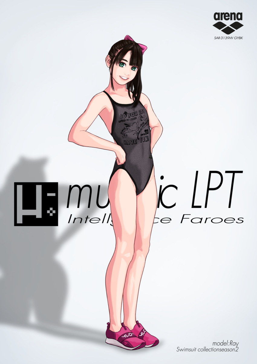 1girl, artist_name, black_hair, black_swimsuit, competition_swimsuit, flat_chest, green_eyes, hair_ornament