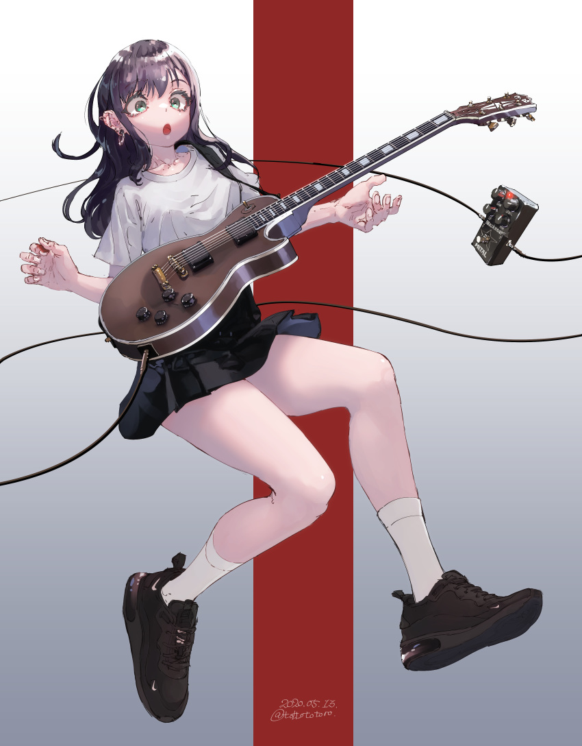 1girl, absurdres, black_hair, collarbone, earrings, effects_pedal, ghode_(basashi), gibson_les_paul