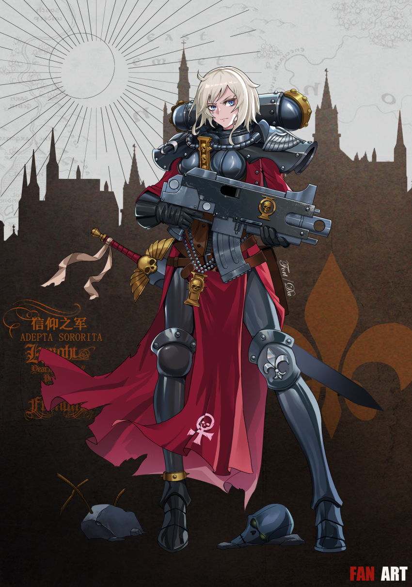 1girl, absurdres, adepta_sororitas, armor, blue_eyes, bolter, facial_tattoo, fleur_de_lis