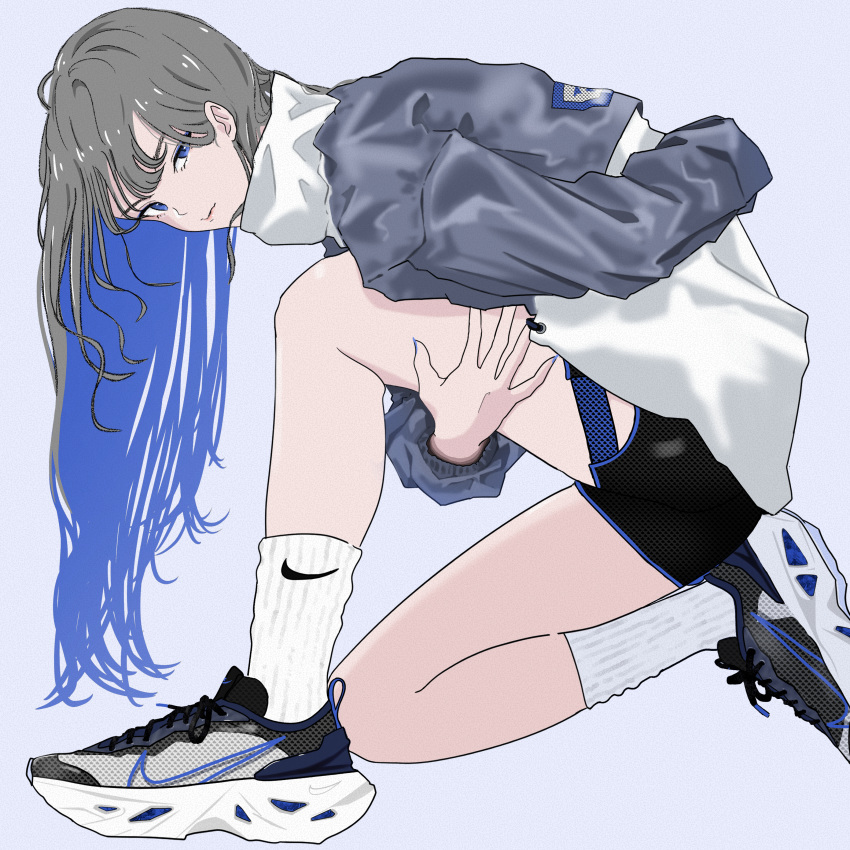 1girl, absurdres, grey_hair, highres, jacket, k-tenji, long_hair, original, shoes, sneakers, socks, solo