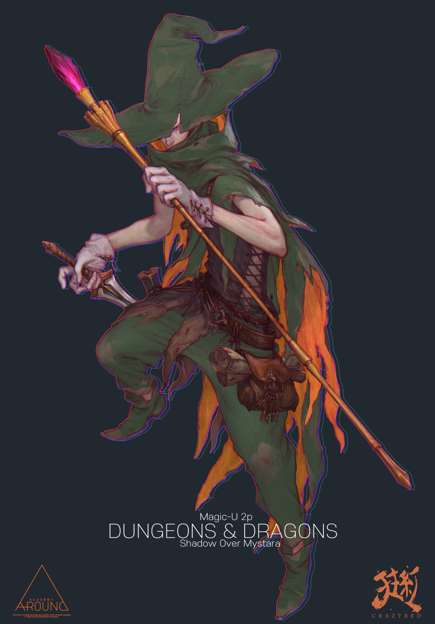 1boy, belt, belt_pouch, cloak, copyright_name, crazyred, dagger, dual_wielding, dungeons_and_dragons, english_text, gem, gloves, green_cloak, green_headwear, hat, highres, holding, holding_dagger, holding_staff, holding_weapon, key, keyring, mage, making-of_available, male_focus, paper, pouch, scabbard, scratches, scroll, sheath, solo, staff, torn_cloak, torn_clothes, unsheathed, weapon, white_gloves, witch