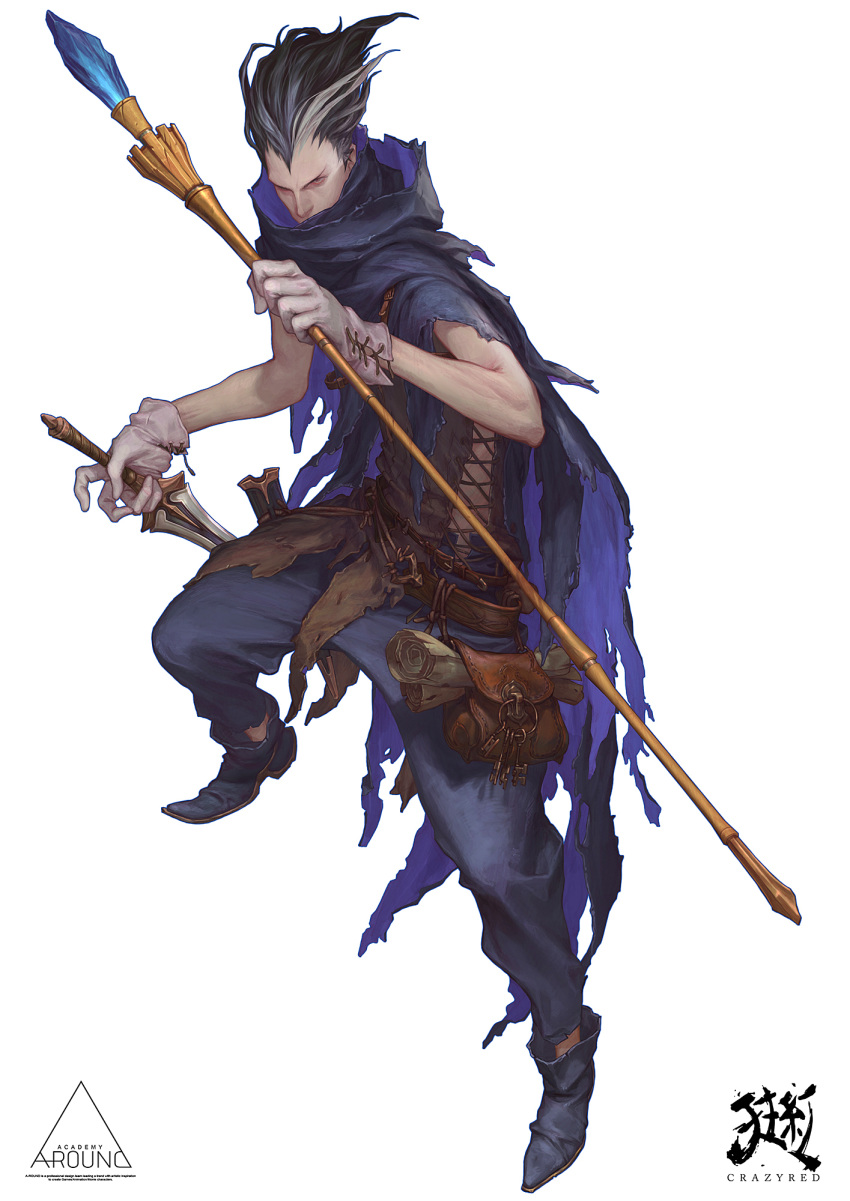 1boy, belt, belt_pouch, black_cloak, black_hair, cloak, crazyred, dagger, dual_wielding, dungeons_and_dragons, english_text, gem, gloves, grey_hair, hair_slicked_back, highres, holding, holding_dagger, holding_staff, holding_weapon, key, keyring, mage, making-of_available, male_focus, multicolored, multicolored_hair, paper, pouch, scabbard, scratches, scroll, sheath, simple_background, solo, staff, torn_cloak, torn_clothes, unsheathed, weapon, white_background, white_gloves