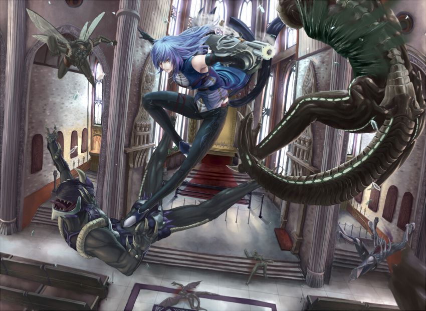 1girl, battle, black_gloves, blood, blue_hair, broken_glass, church, claws