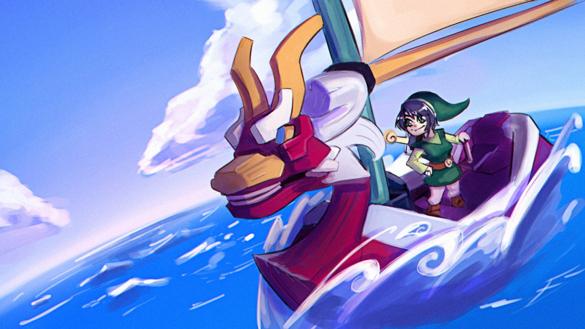 1girl, black_hair, blue_eyes, boat, cosmikaizer, cosplay, crossover, highres, hololive, link, looking_to_the_side, ocean, oozora_subaru, sheath, sheathed, shield, solo, sword, the_legend_of_zelda, the_legend_of_zelda:_the_wind_waker, toon_link, toon_link_(cosplay), water, watercraft, weapon