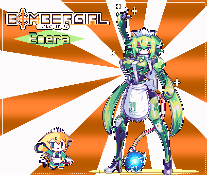 1girl, apron, bangs, bombergirl, breasts, chibi, emera_(bombergirl), green_eyes, green_hair, hair_ornament, long_hair, looking_at_viewer, pixel_art, simple_background, solo, twintails, uramoto_kouji, very_long_hair