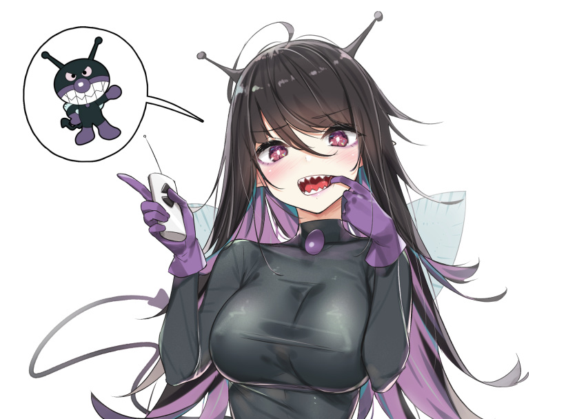 1girl, antennae, bacteria, bangs, black_hair, blush, breasts, character_request, colored_inner_hair, controller, copyright_request, eyebrows_visible_through_hair, eyeshadow, finger_in_mouth, gloves, hair_between_eyes, highres, large_breasts, long_hair, looking_at_viewer, makeup, mouth_pull, multicolored_hair, purple_eyeshadow, purple_gloves, purple_hair, remote_control, saliva, sharp_teeth, simple_background, solo, taut_bodysuit, teeth, two-tone_hair, upper_body, wet.elephant, white_background