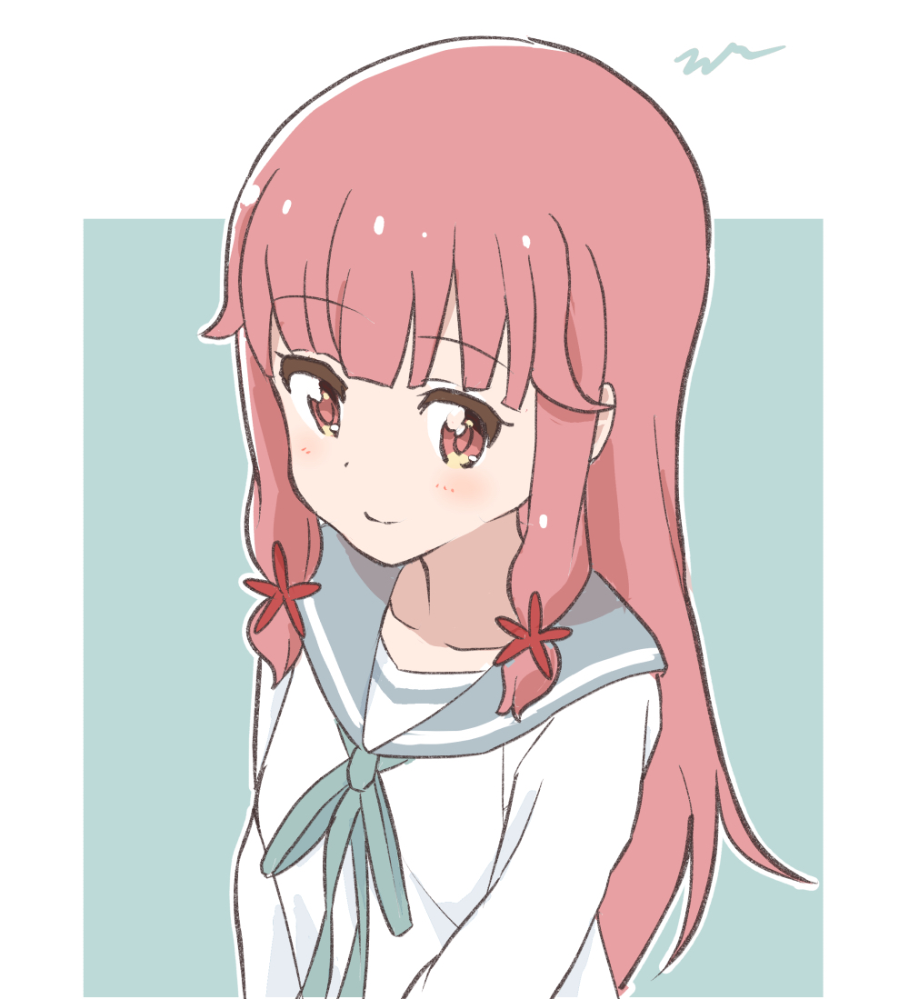 1girl, aayh, bangs, blue_background, blue_ribbon, blush, closed_mouth, commentary_request