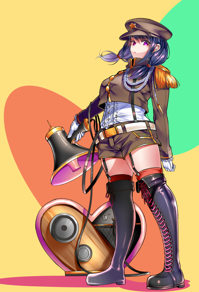 1girl, :o, aiguillette, alternate_costume, belt, black_footwear, boots, breasts, chiku_(gesu), commentary_request, epaulettes, floating_hair, full_body, gloves, green_background, hat, holding, holding_megaphone, long_hair, looking_at_viewer, low_twintails, megaphone, military, military_hat, military_uniform, multicolored, multicolored_background, orange_background, purple_hair, shiny, shiny_hair, solo, standing, tamura_yuri, thigh-highs, thigh_boots, thighs, twintails, uniform, violet_eyes, watashi_ga_motenai_no_wa_dou_kangaetemo_omaera_ga_warui!, white_gloves, yellow_background