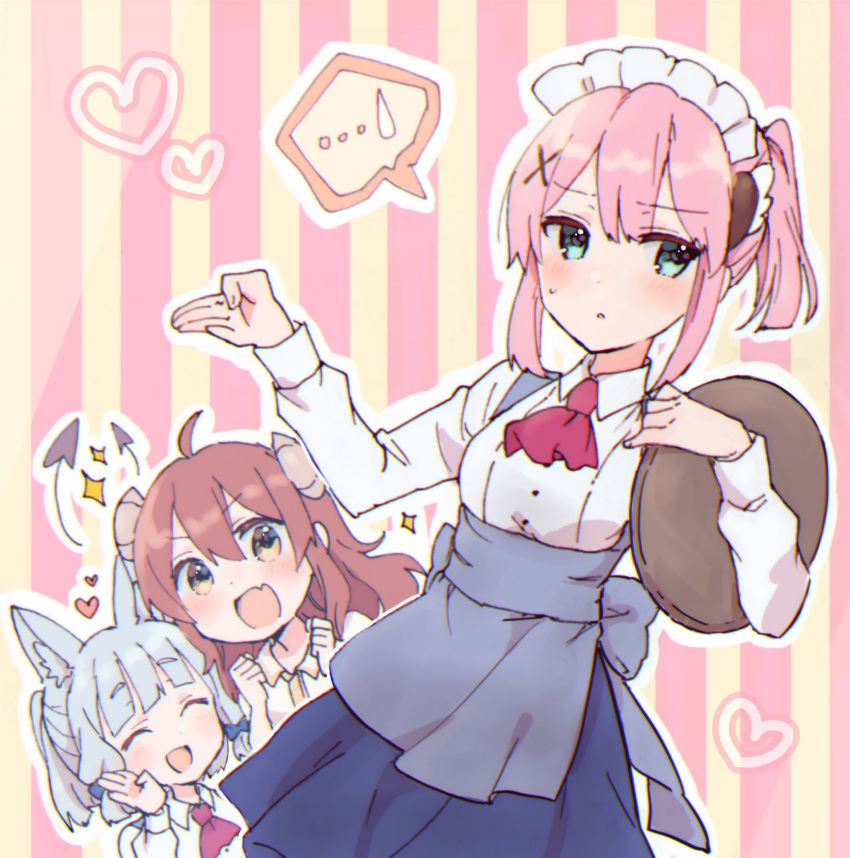 ahoge, animal_ears, blush, brown_hair, chiyoda_momo, curled_horns, demon_girl, demon_horns, demon_tail, eyebrows_visible_through_hair, fox_ears, hair_ornament, highres, horns, long_hair, machikado_mazoku, multiple_girls, open_mouth, pink_hair, ponytail, riko_(machikado_mazoku), skirt, sorimachi-doufu, tail, tray, waitress, yoshida_yuuko_(machikado_mazoku)