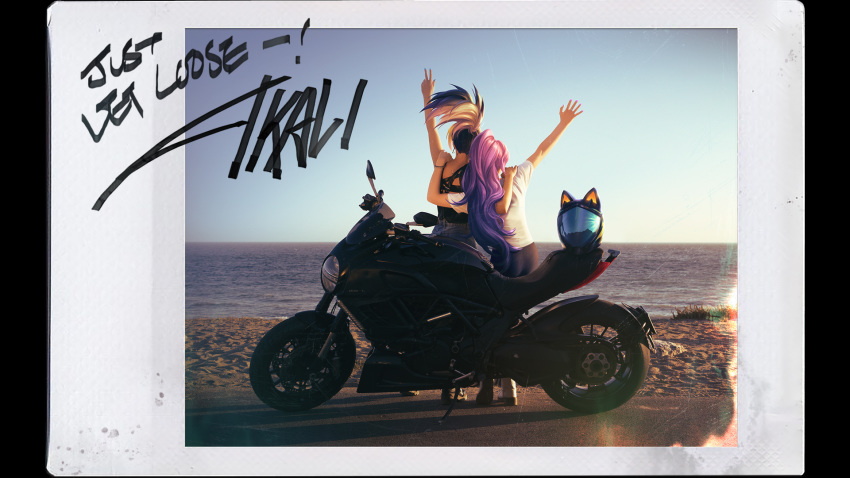 2girls, akali, arm_around_back, arm_up, black_hair, blonde_hair, casual, cat_helmet