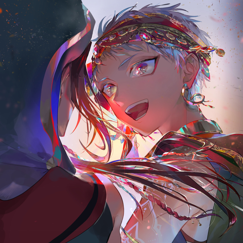 2boys, :d, arm_tattoo, black_hair, braid, brown_hair, circlet, coin_(ornament)