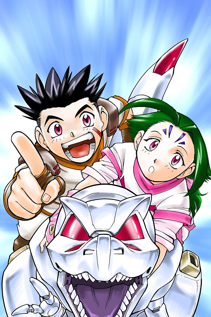 1boy, 1girl, clouds, commentary_request, dress, facial_mark, fiona_(zoids), forehead_mark