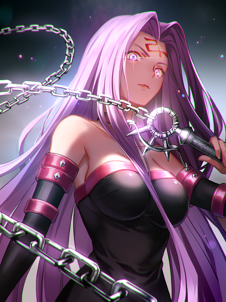 1girl, 6688km, angry, arm_at_side, bare_shoulders, black_dress, breasts, chain, choker, closed_mouth, detached_sleeves, dress, facial_mark, fate/stay_night, fate_(series), forehead_mark, from_below, frown, glint, glowing, glowing_eyes, holding, holding_weapon, large_breasts, light_particles, lips, long_hair, looking_at_viewer, medusa_(fate)_(all), nameless_dagger, purple_hair, rider, solo, strapless, strapless_dress, tube_dress, type-moon, ufotable, upper_body, violet_eyes, weapon