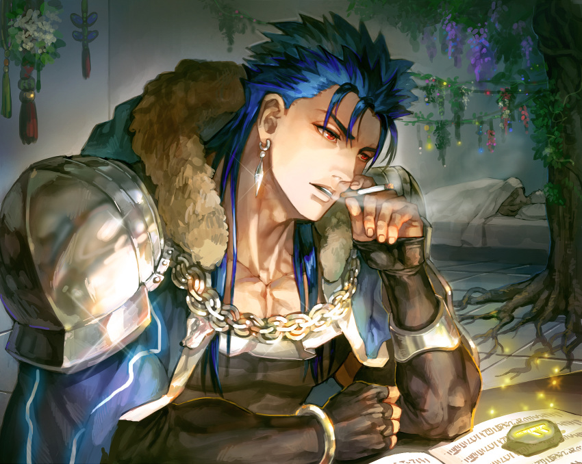 2boys, ansuz, archer, armor, bed, blue_hair, cape, cigarette, cu_chulainn_(fate)_(all), cu_chulainn_(fate/grand_order), earrings, emiya_shirou, fate/grand_order, fate/stay_night, fate_(series), fingernails, fur, fur-trimmed_hood, fur_trim, gloves, glowing, highres, hood, hood_down, hooded_cape, jewelry, kim_yura_(goddess_mechanic), long_hair, lying, multiple_boys, muscle, on_side, open_mouth, red_eyes, rune, shiny, short_hair, shoulder_armor, skin_tight, smoke, smoking, spiky_hair, teeth, tree, type-moon, white_hair
