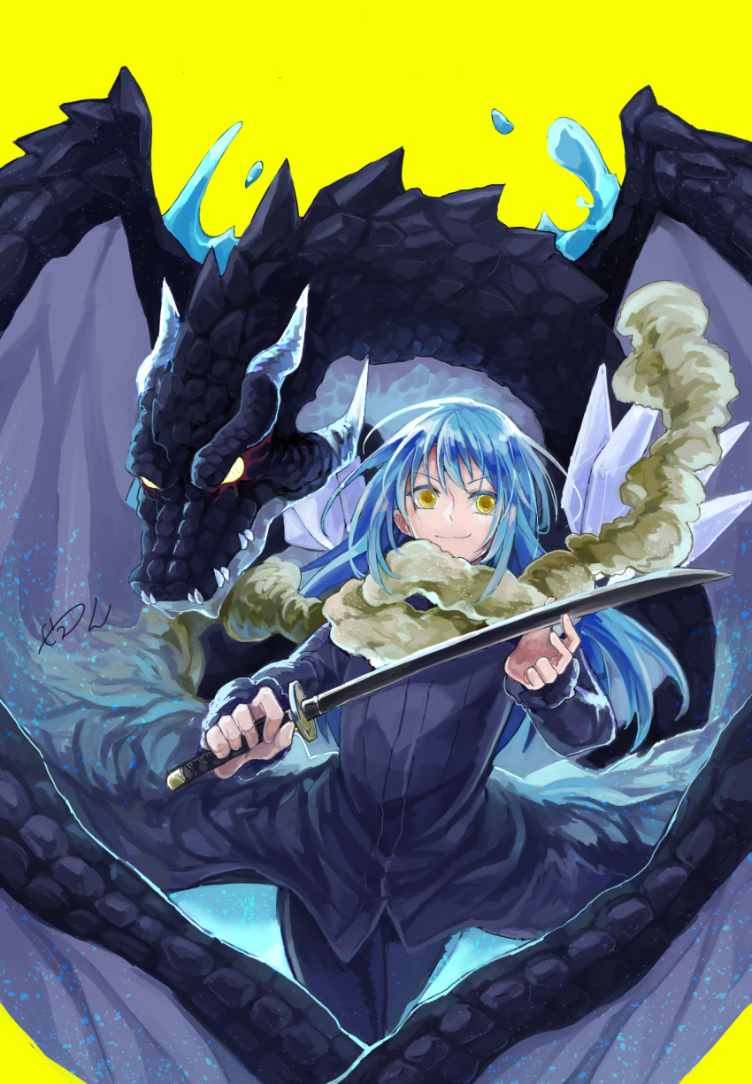 1boy, 1other, androgynous, bangs, blue_hair, closed_mouth, dragon, eyebrows_visible_through_hair