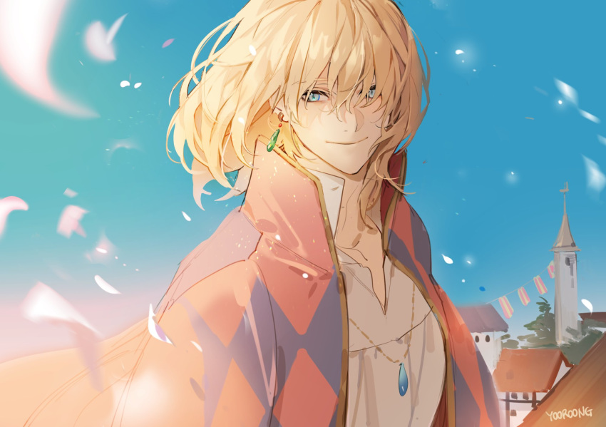 1boy, bangs, blonde_hair, blue_eyes, building, cape, collared_shirt, day