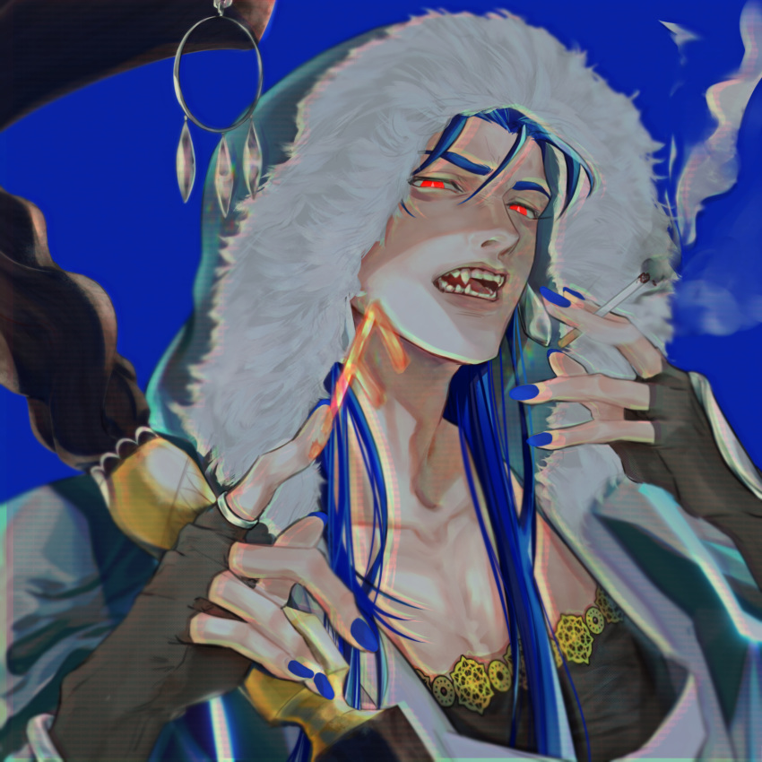 1boy, ansuz, blue_background, blue_hair, bright_pupils, cigarette, collarbone, cu_chulainn_(fate)_(all)