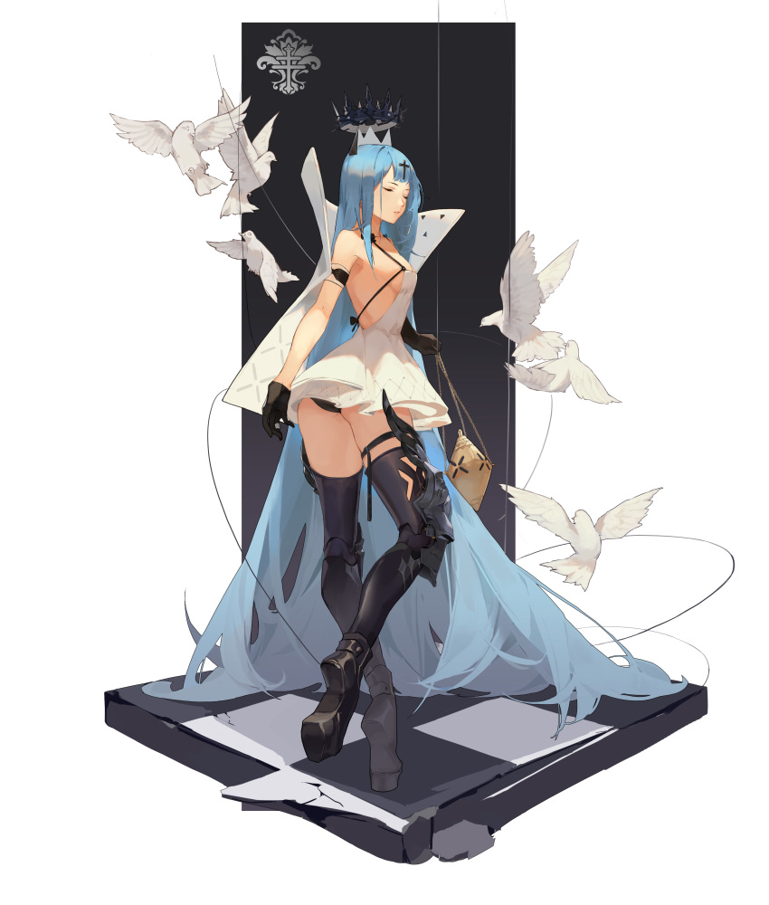 1girl, absurdly_long_hair, absurdres, ass, azur_lane, backless_dress, backless_outfit, bag, bird, black_gloves, black_legwear, black_panties, blue_hair, breasts, champagne_(azur_lane), closed_eyes, crown, dove, dress, floating, floating_object, full_body, gloves, high_heels, highres, holding, holding_bag, iris_libre_(emblem), long_hair, medium_breasts, panties, pantyshot, sideboob, sixteen_minus_seven, sleeveless, sleeveless_dress, solo, standing, standing_on_one_leg, thigh-highs, underwear, very_long_hair, white_bird, white_dress