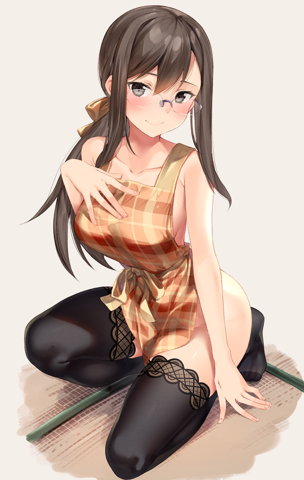1girl, apron, bangs, bare_arms, bare_shoulders, black_eyes, black_hair, black_legwear