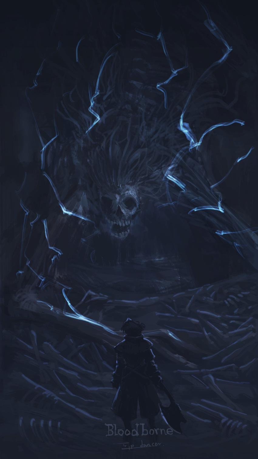 1other, ambiguous_gender, artist_name, axe, bloodborne, capelet, coat, commentary