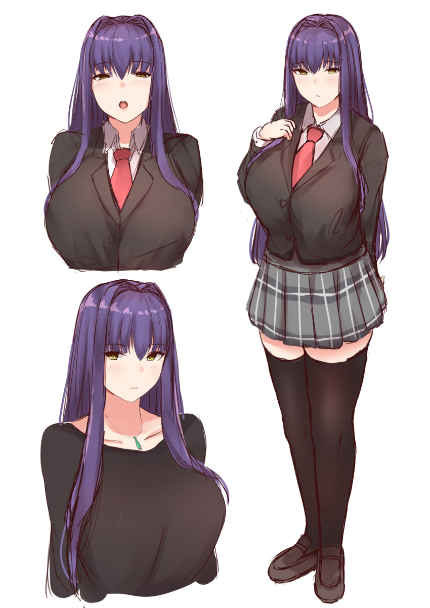 1girl, bangs, black_jacket, black_legwear, black_shirt, blush, breasts, collarbone