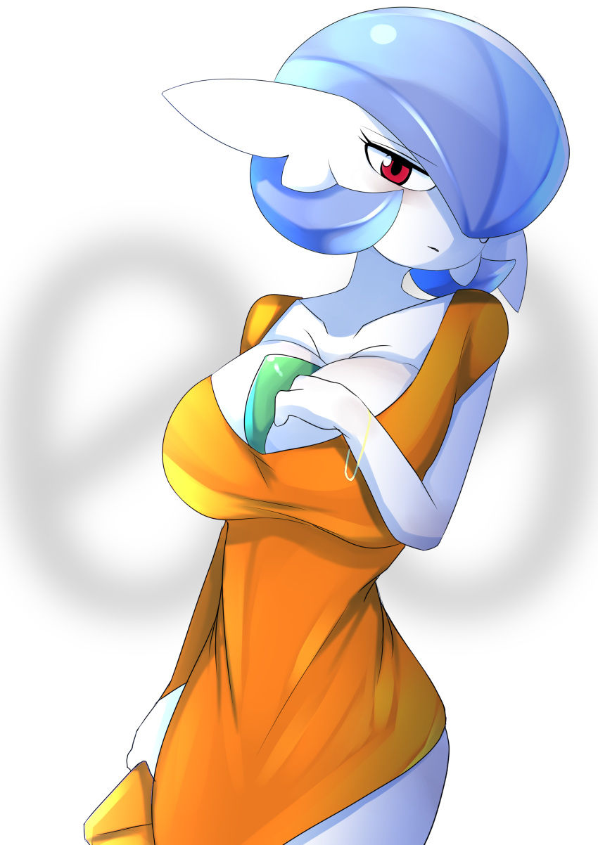 1girl, absurdres, ashraely, bangs, blue_hair, blush, bob_cut, bracelet, breasts, closed_mouth, collarbone, cowboy_shot, dress, dress_tug, english_commentary, eyebrows_visible_through_hair, gardevoir, gen_3_pokemon, hair_over_one_eye, hand_up, highres, huge_breasts, jewelry, legs_together, light_blush, looking_at_viewer, nervous, orange_dress, pokemon, pokemon_(creature), red_eyes, shiny, shiny_hair, shiny_skin, short_dress, short_hair, short_sleeves, simple_background, solo, sweat, wavy_mouth, white_background, white_skin