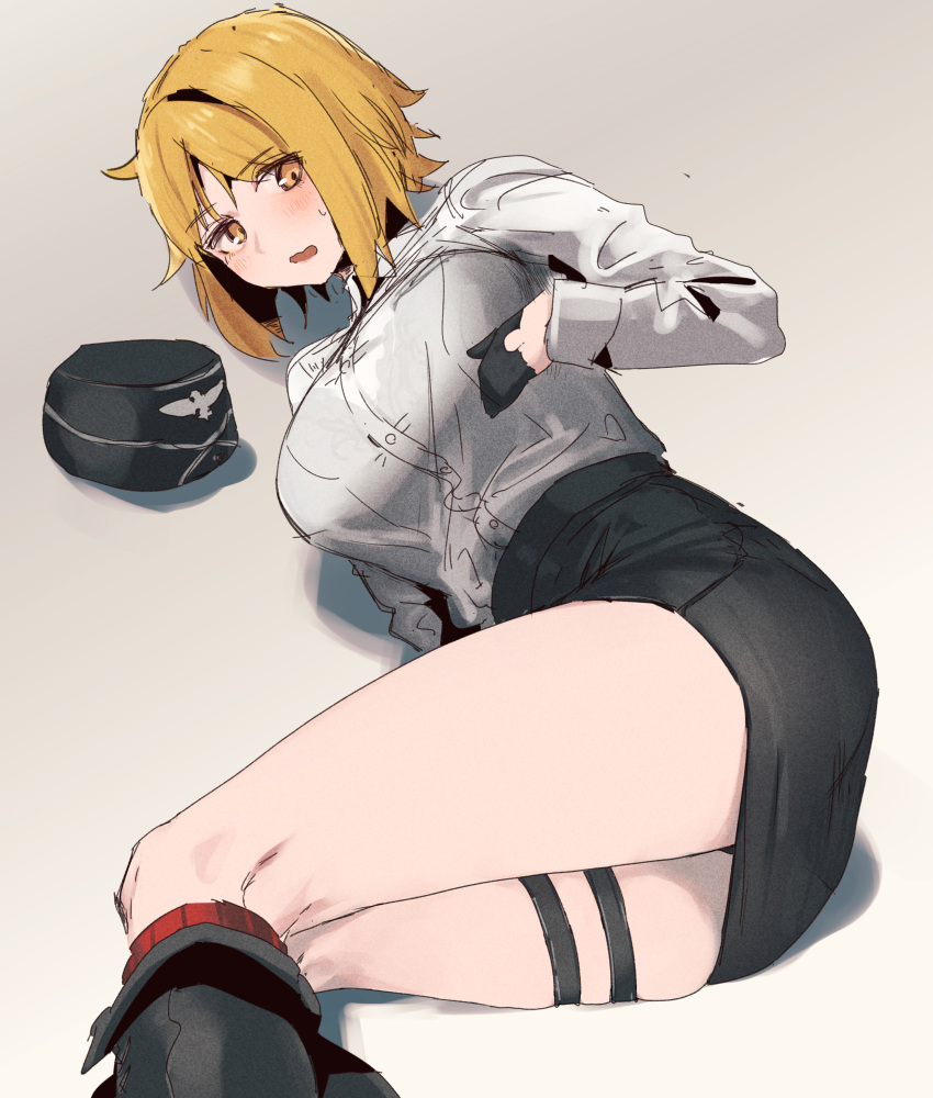 1girl, absurdres, akitaka_takaaki, black_bra, black_gloves, black_headwear, black_skirt, blonde_hair
