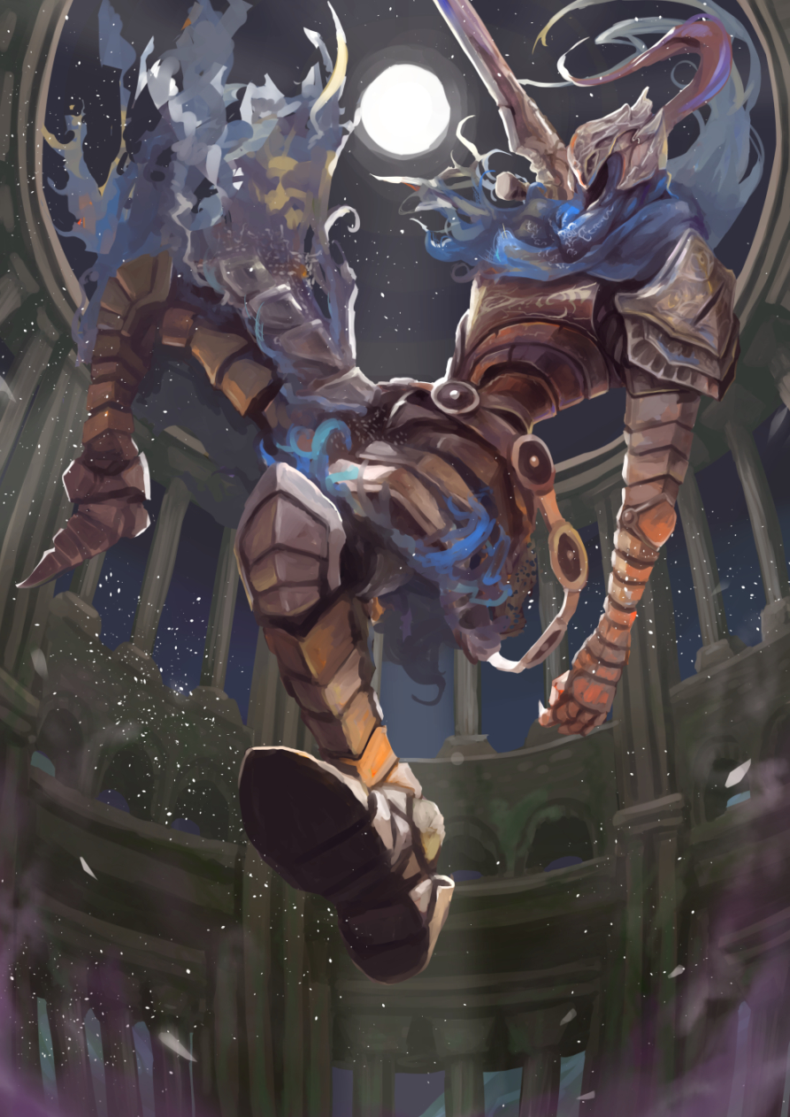 1boy, arm_at_side, armor, artorias_the_abysswalker, blue_capelet, breastplate, capelet, commentary_request