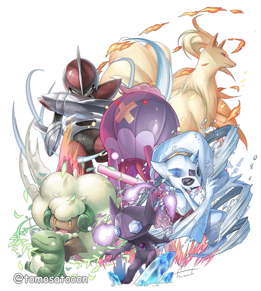 artist_name, bisharp, blue_eyes, commentary_request, crystal, drifblim, fire, froslass