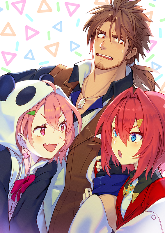 1boy, 2girls, ahoge, ange_katrina, belmond_banderas, brown_hair, facial_hair, fang