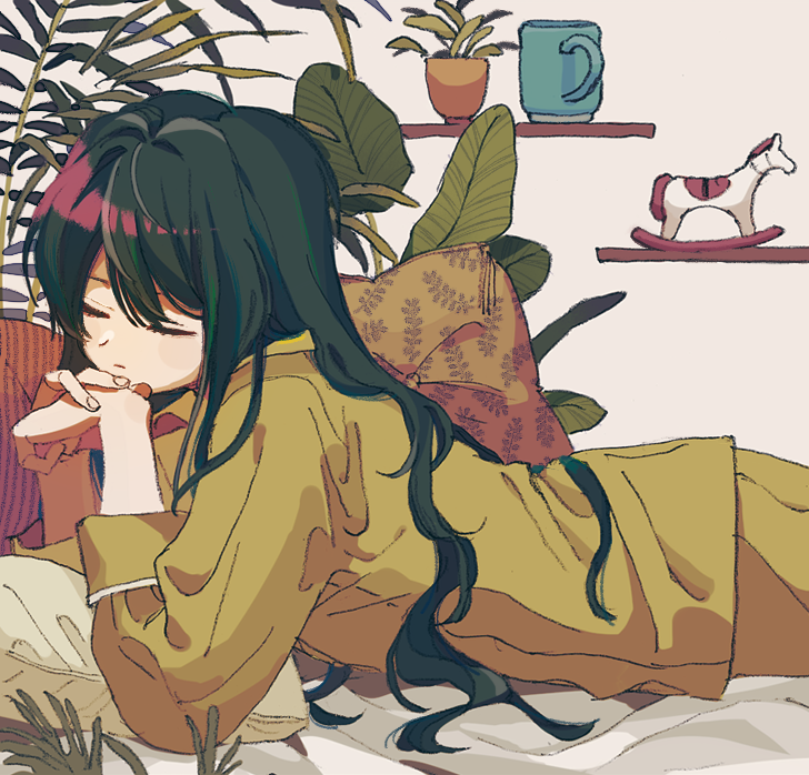 1girl, closed_eyes, closed_mouth, cup, green_hair, ka_(marukogedago), long_sleeves, lying