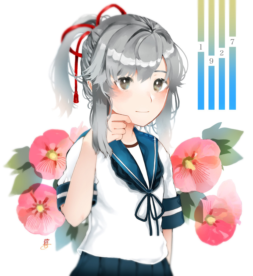 1girl, bangs, blue_sailor_collar, blue_skirt, blush, brown_eyes, closed_mouth, dated, flower, grey_hair, highres, jitsukawa_ashi, kantai_collection, leaf, pink_flower, ponytail, sailor_collar, school_uniform, serafuku, short_hair, sidelocks, simple_background, skirt, solo, upper_body, usugumo_(kantai_collection), white_background