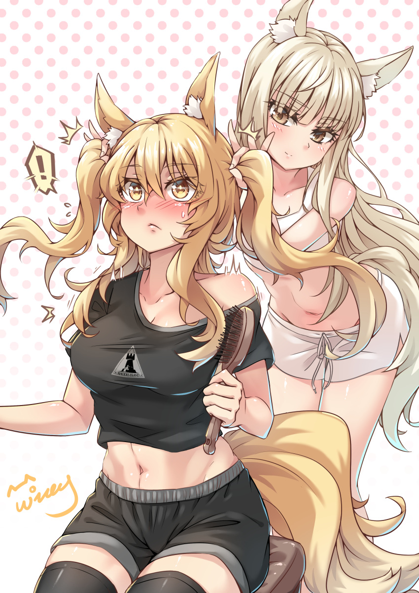 !, /\/\/\, 2girls, absurdres, alternate_hairstyle, animal_ear_fluff, animal_ears, arknights, bangs, bare_shoulders, black_legwear, black_shirt, black_shorts, blonde_hair, blush, breasts, brown_eyes, chinese_commentary, collarbone, commentary_request, crop_top, eyebrows_visible_through_hair, hair_between_eyes, hair_brush, halftone, halftone_background, head_tilt, highres, holding, holding_brush, large_breasts, long_hair, midriff, multiple_girls, navel, nearl_(arknights), off-shoulder_shirt, off_shoulder, partial_commentary, platinum_(arknights), shirt, short_shorts, short_sleeves, shorts, silver_hair, sitting, stomach, tail, thigh-highs, twintails, very_long_hair, white_background, white_shorts, wing_(4486066), yellow_eyes