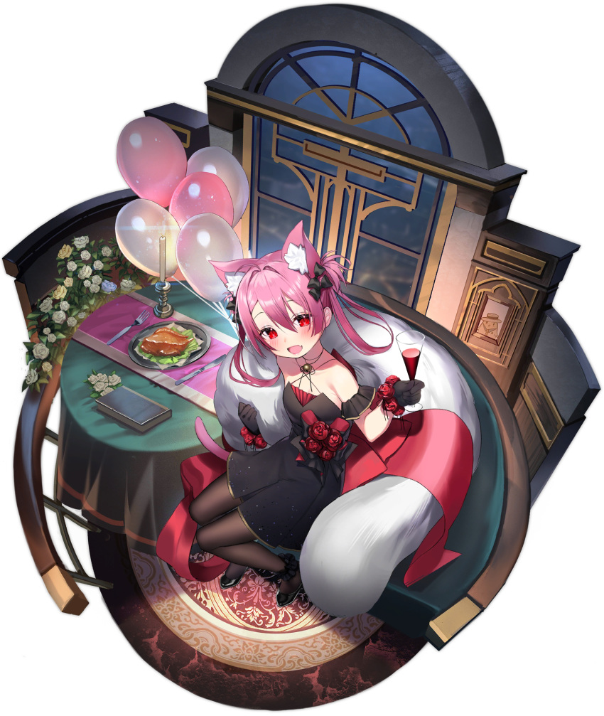 1girl, :d, alcohol, animal_ear_fluff, animal_ears, asagi_yuna, azur_lane, balloon