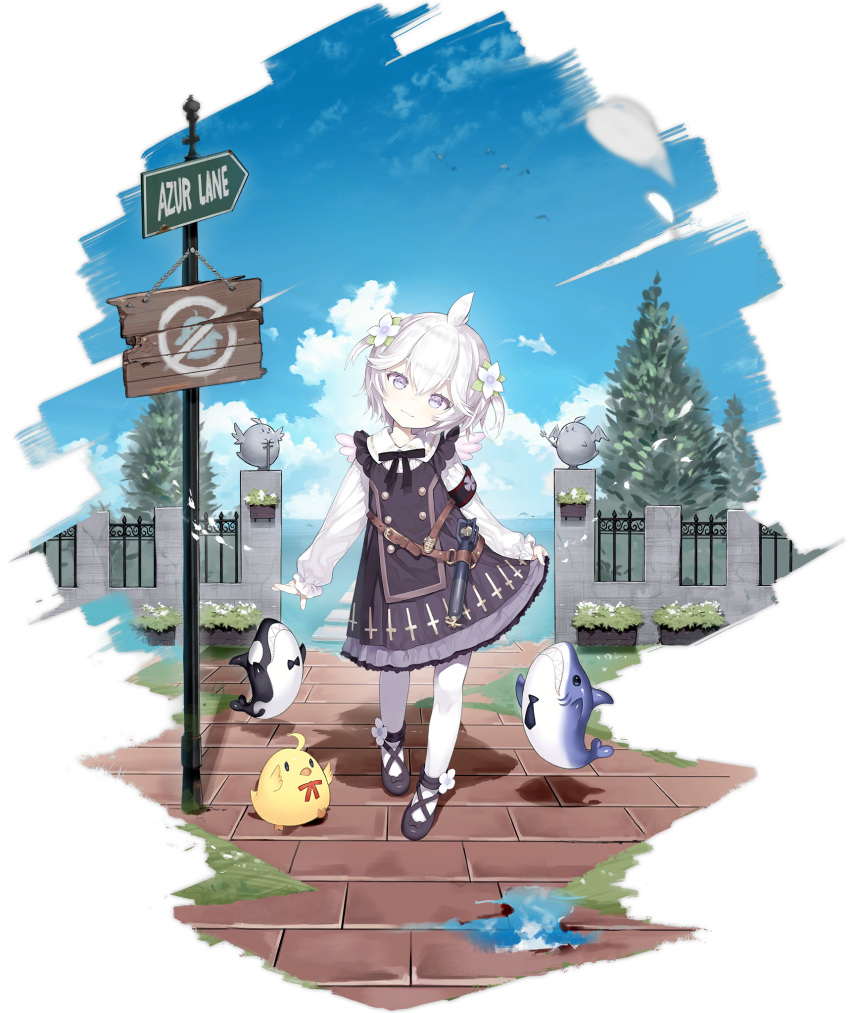 1girl, :3, ahoge, animal, azur_lane, belt, bird, black_dress