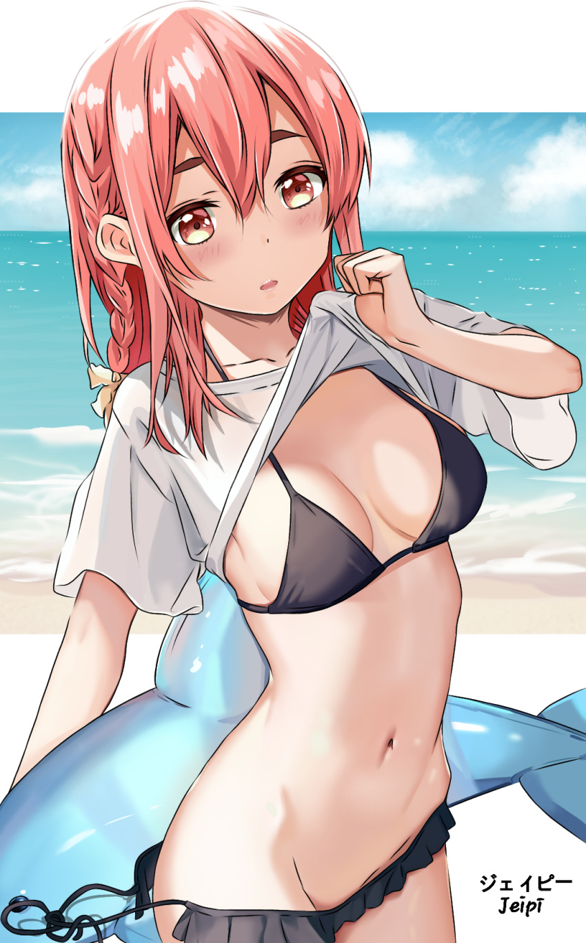1girl, beach, bikini, black_bikini, braid, breasts, frilled_bikini, frills, half-closed_eyes, highres, john_mangalile, kanojo_okarishimasu, lifted_by_self, medium_breasts, navel, ocean, open_mouth, pink_eyes, pink_hair, sakurasawa_sumi, shirt, shirt_lift, short_sleeves, sideboob, solo, stomach, string_bikini, swimsuit, thick_eyebrows, white_shirt
