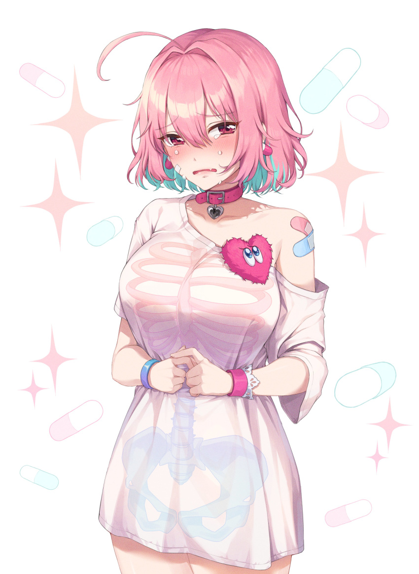 1girl, absurdres, ahoge, bandaid, bandaid_on_face, bandaid_on_shoulder, bangs, bare_shoulders