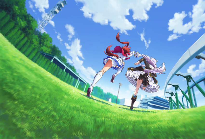 2girls, animal_ears, black_footwear, blue_sky, boots, clouds, fisheye, from_behind