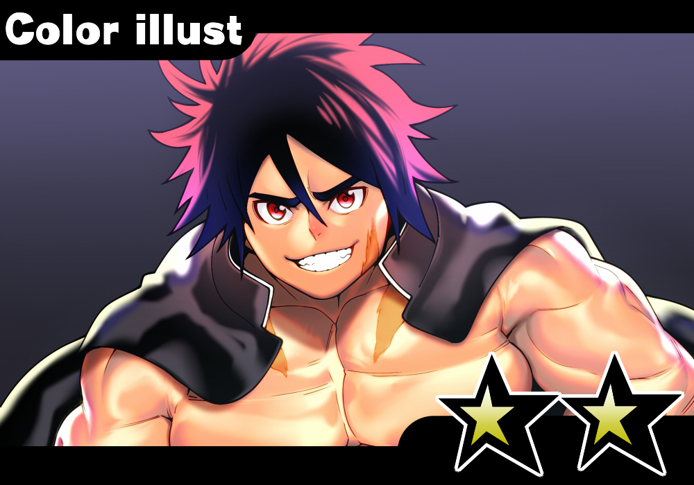 1boy, bara, bare_chest, black_hair, chest, cropped, frown, gradient_hair