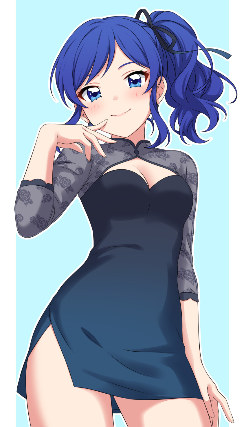 1girl, absurdres, aikatsu!, aikatsu!_(series), bare_legs, black_dress, black_ribbon, blue_dress