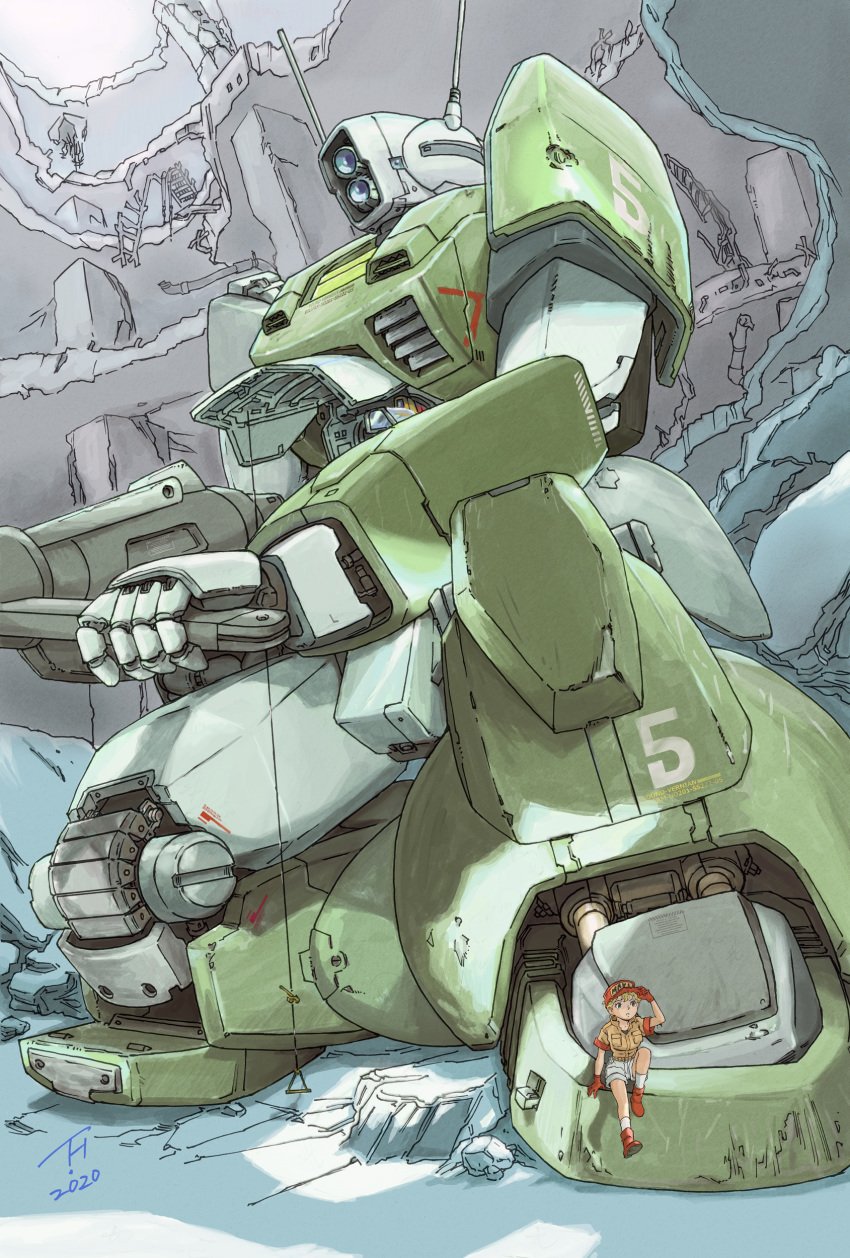 1girl, absurdres, blonde_hair, blue_eyes, dillfam, ginga_hyouryuu_vifam, gloves, gun, hat, highres, holding, holding_gun, holding_weapon, kneeling, kujira_gunsou, looking_down, maki_rowel, mecha, oldschool, red_gloves, short_hair, weapon
