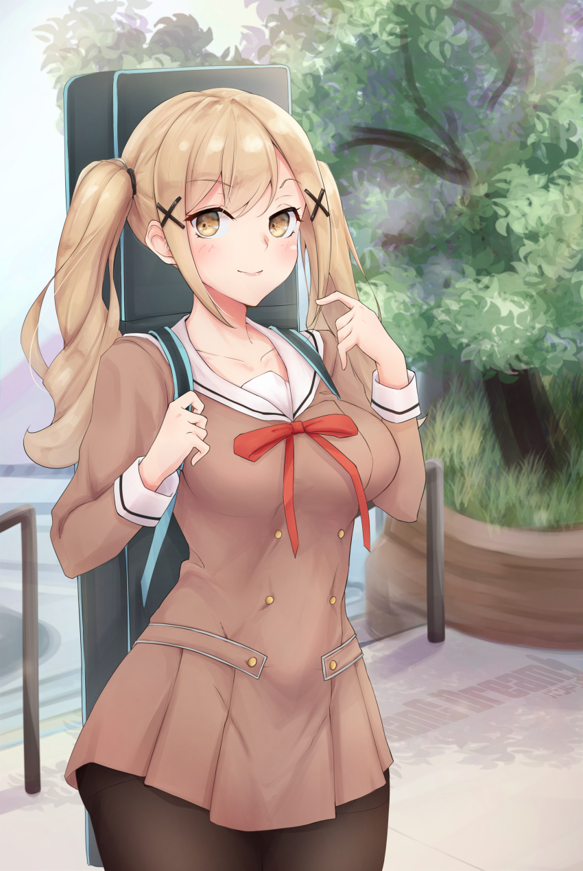 1girl, absurdres, bang_dream!, bangs, black_legwear, blonde_hair, blush, breasts