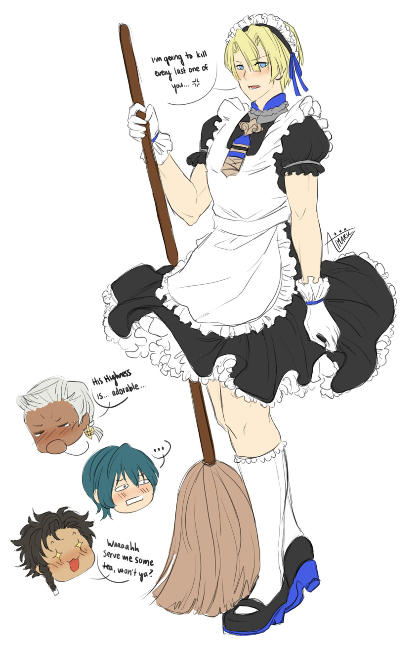 +_+, ..., 4boys, :3, :d, absurdres, aimaru, alternate_costume, apron, aqua_hair, bangs, black_dress, black_footwear, black_hair, blonde_hair, blue_eyes, blue_ribbon, blush, braid, broom, byleth_(fire_emblem), byleth_eisner_(male), claude_von_riegan, commentary, crossdressinging, dark_skin, dedue_molinaro, dimitri_alexandre_blaiddyd, dress, english_commentary, enmaided, eyebrows_visible_through_hair, fire_emblem, fire_emblem:_three_houses, frilled_apron, frills, full_body, gloves, hair_between_eyes, hair_ribbon, hand_up, highres, holding, holding_broom, kneehighs, looking_at_viewer, maid, maid_apron, maid_headdress, male_focus, mary_janes, multiple_boys, open_mouth, petticoat, puffy_short_sleeves, puffy_sleeves, ribbon, shoes, short_hair, short_sleeves, silver_hair, simple_background, single_braid, smile, speech_bubble, spoken_ellipsis, standing, white_apron, white_background, white_gloves, white_legwear