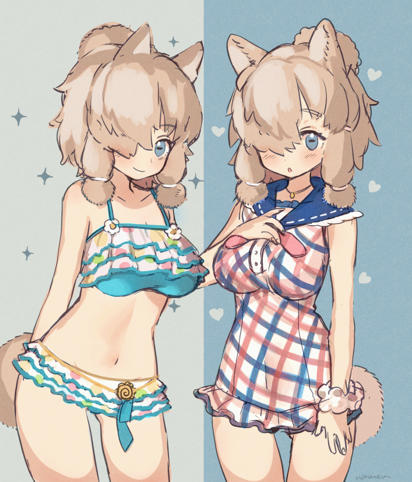 2girls, alpaca_ears, alpaca_girl, alpaca_suri_(kemono_friends), alpaca_tail, animal_ears, bikini, blue_eyes