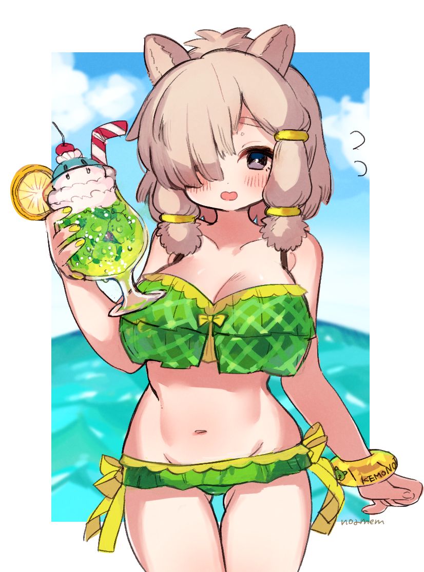 1girl, alpaca_ears, alpaca_girl, alpaca_suri_(kemono_friends), alternate_costume, animal_ears, bare_shoulders, bare_thighs, bikini, blue_eyes, blush, bracelet, cowboy_shot, eyebrows_visible_through_hair, green_bikini, hair_bun, hair_over_one_eye, hair_tubes, ichi001, jewelry, kemono_friends, midriff, nail_polish, navel, sleeveless, solo, swimsuit, white_hair, yellow_neckwear