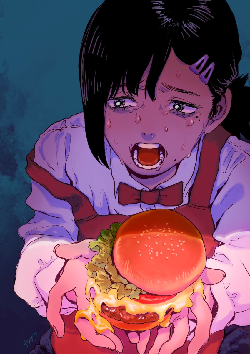 1girl, apron, black_eyes, black_hair, blue_background, chainsaw_man, crying, crying_with_eyes_open