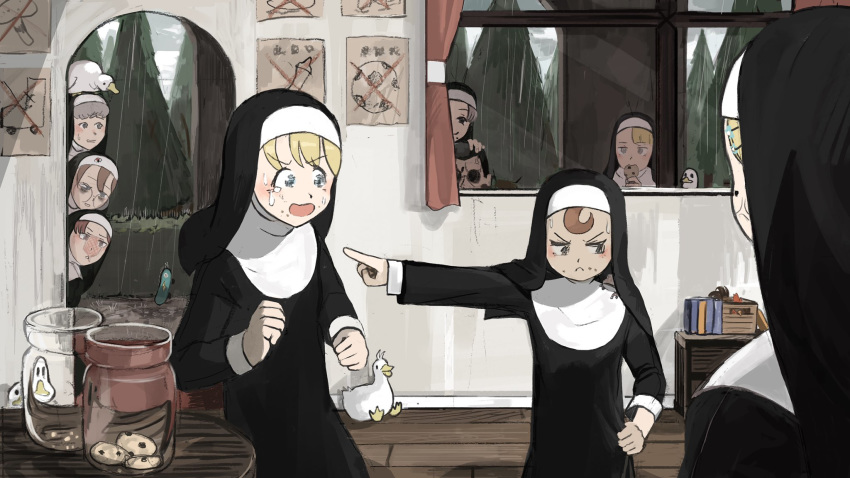 1boy, 6+girls, accusations, anger_vein, animal_on_head, animal_on_shoulder, arch, bags_under_eyes, betrayal, bird, blonde_hair, blue_eyes, book, box, brown_hair, bug, catholic, chicken, clouds, cloudy_sky, commentary, cookie_jar, curtains, diva_(hyxpk), drawer, drawing, duck, eating, empty, english_commentary, flower, fly, food, food_on_face, frog, frown, glasses, habit, hair_flower, hair_ornament, hairclip, hand_on_another's_head, hedge_(plant), hiding, highres, in_box, in_container, insect, jar, mole, mole_under_eye, mole_under_mouth, multiple_girls, nun, on_head, open_mouth, original, peeking_out, pillar, pointing, poster_(object), priest, rain, redhead, silver_hair, sitting, skateboard, sky, slap_mark, smile, sunglasses, sweatdrop, table, tearing_up, tree, triangle_mouth, window, wooden_floor, wooden_table, yellow_eyes