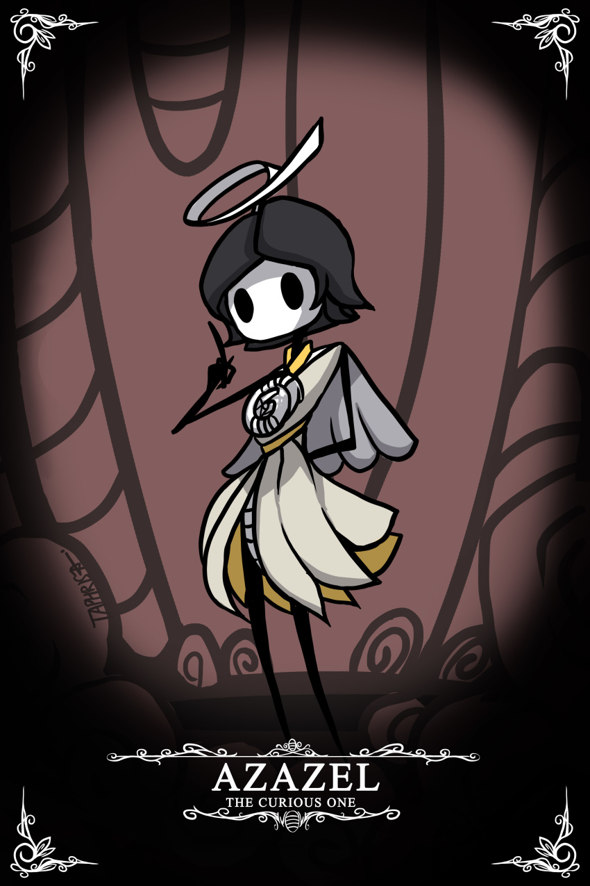 1girl, absurdres, angel, arm_behind_back, artist_name, azazel, black_hair, character_name