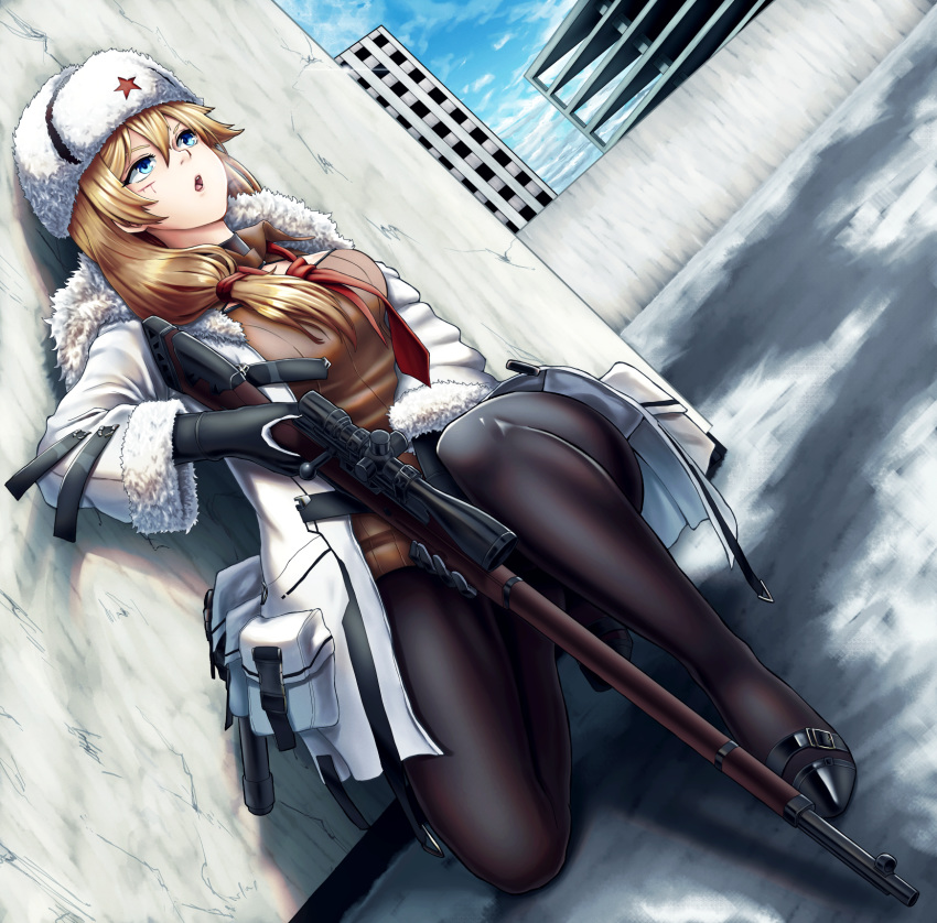 1girl, bangs, black_footwear, black_gloves, black_legwear, blonde_hair, blue_eyes, bolt_action, breasts, city, coat, eyebrows_visible_through_hair, fur_hat, girls_frontline, gloves, gun, hand_on_weapon, hat, highres, holding, holding_weapon, long_hair, looking_away, medium_breasts, mosin-nagant, mosin-nagant_(girls_frontline), necktie, one_knee, open_mouth, pantyhose, red_neckwear, red_star, rifle, scar, scrson, shoes, side_ponytail, sniper_rifle, solo, standing, standing_on_one_leg, ushanka, weapon, white_coat, white_headwear