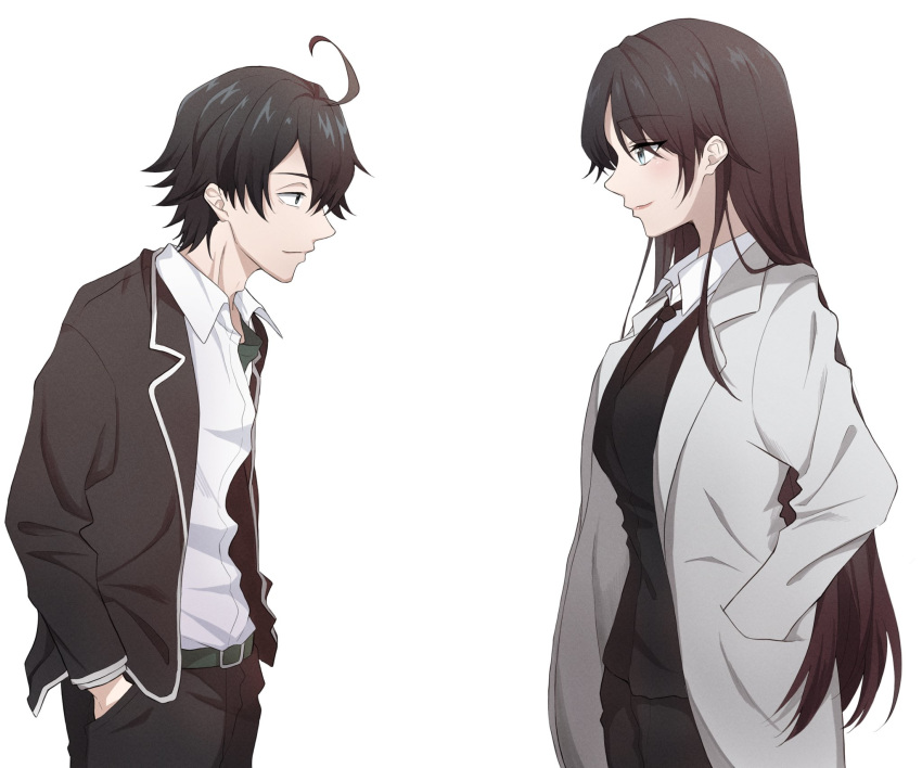 1boy, 1girl, ahoge, bangs, belt, black_background, black_neckwear, blazer